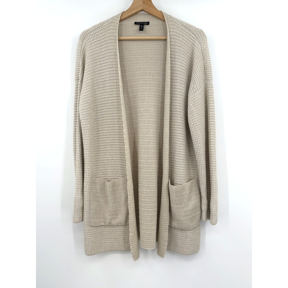 Eileen Fisher Open Front Cardigan Womens XS Beige Knit Organic Cotton Capsule